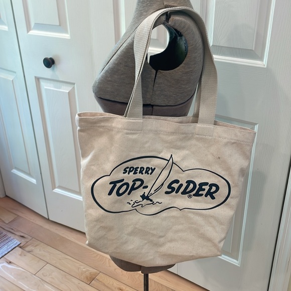 Sperry Top Sider cream canvas 10” strap cotton carryall shopping tote bag - Picture 3 of 8